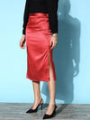 Women Red Lycra Satin Side Slit Midi Skirt