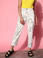 Women White Twill Face Print Tapered Pants