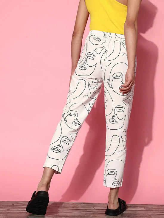 Women White Twill Face Print Tapered Pants