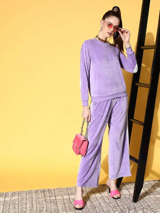 Women Lavender Velour Side Tape Track Pants