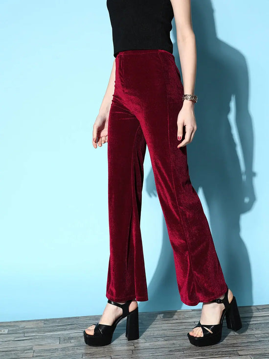 Women Burgundy Velvet Bell Bottom Pants