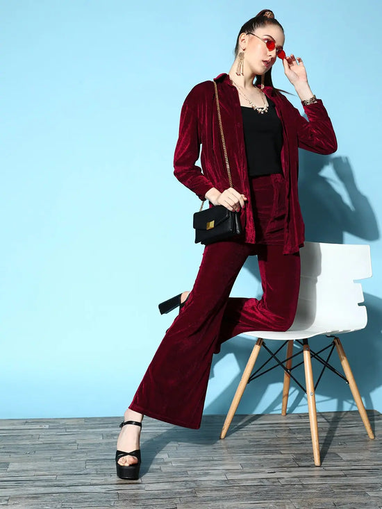 Women Burgundy Velvet Bell Bottom Pants