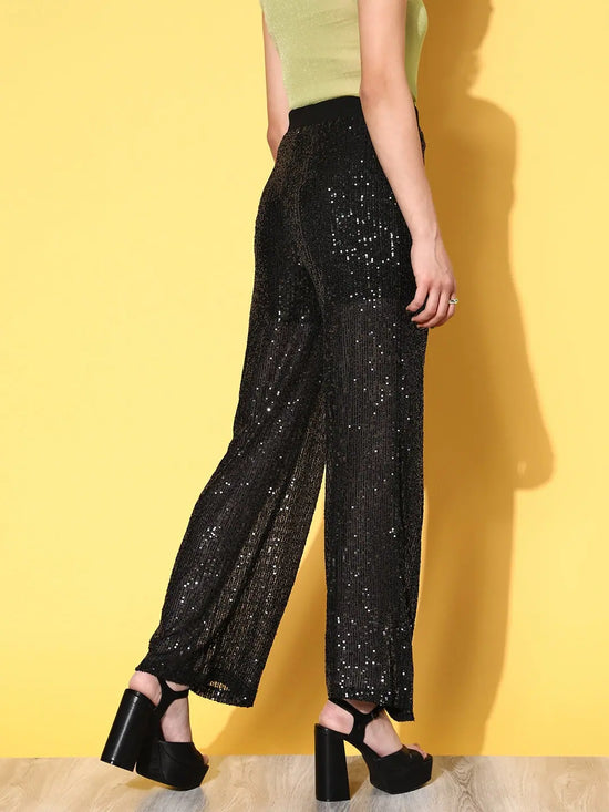 Women Black Sequin Party Straight Pants