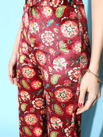 Women Maroon Floral Velvet Bell Bottom Pants