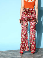 Women Maroon Floral Velvet Bell Bottom Pants