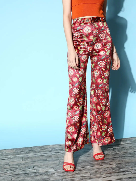 Women Maroon Floral Velvet Bell Bottom Pants