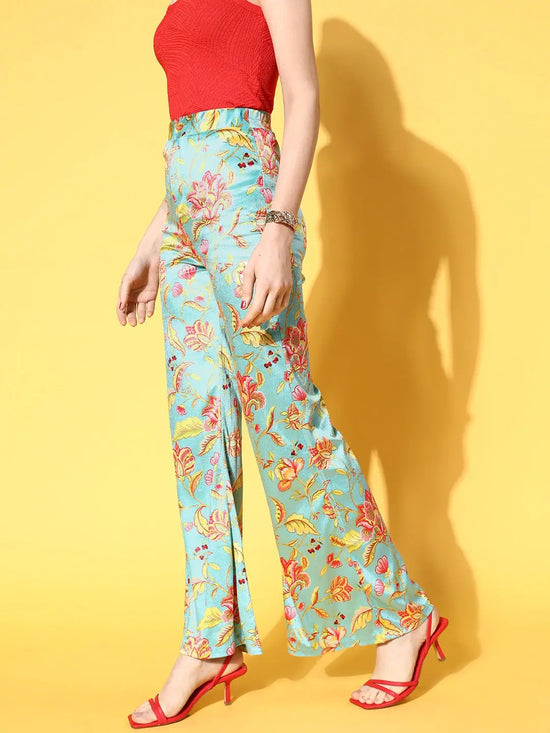 Women Turquoise Floral Velvet Bell Bottom Pants