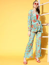 Women Turquoise Floral Velvet Bell Bottom Pants