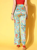 Women Turquoise Floral Velvet Bell Bottom Pants