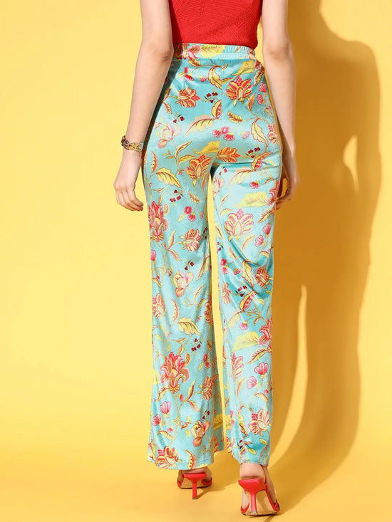 Women Turquoise Floral Velvet Bell Bottom Pants