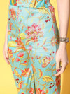 Women Turquoise Floral Velvet Bell Bottom Pants