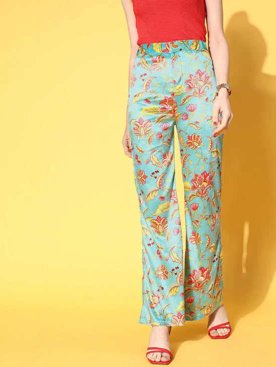 Women Turquoise Floral Velvet Bell Bottom Pants