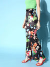 Women Black Floral Velvet Bell Bottom Pants