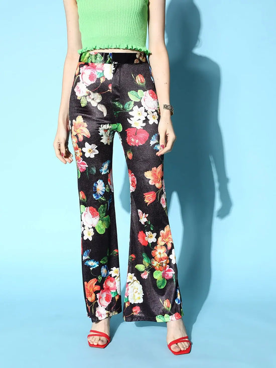 Women Black Floral Velvet Bell Bottom Pants