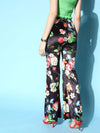 Women Black Floral Velvet Bell Bottom Pants