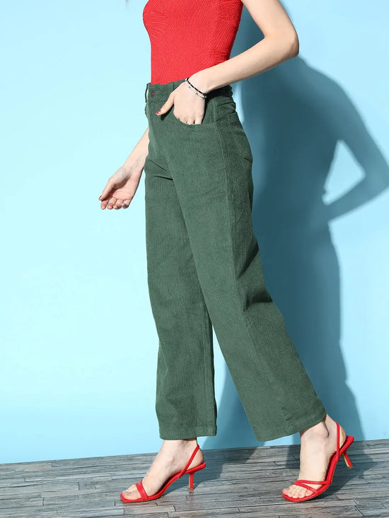 Women Green Corduroy Straight Pants