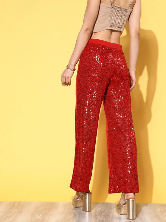 Women Red Sequin Party Straight Pants