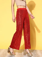 Women Red Sequin Party Straight Pants