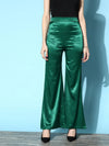 Women Green Lycra Satin Bell Bottom Pants