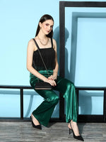 Women Green Lycra Satin Bell Bottom Pants