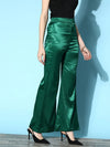 Women Green Lycra Satin Bell Bottom Pants