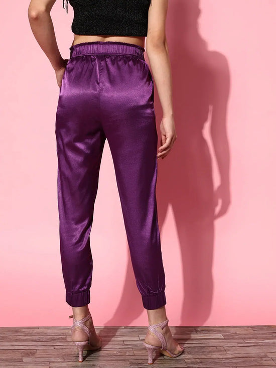 Women Purple Lycra Satin Jogger Pants