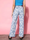 Women Blue Tropical Print Straight Jeans