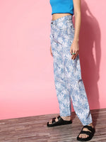 Women Blue Tropical Print Straight Jeans