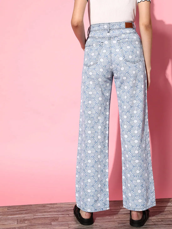 Women Blue Floral Print Straight Jeans-SFJEAN0274XS