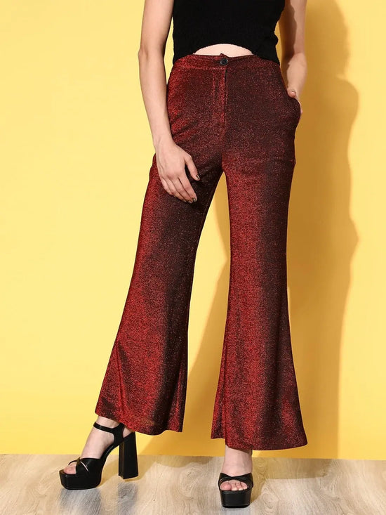 Women Red Lurex Bell Bottom Pants