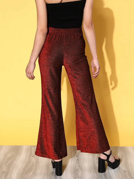 Women Red Lurex Bell Bottom Pants