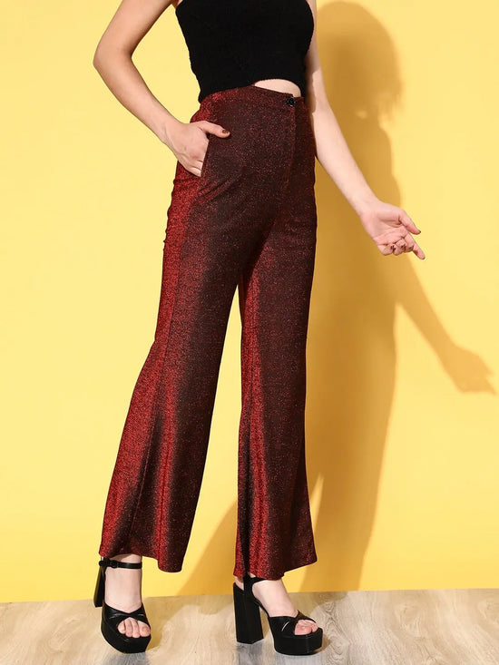 Women Red Lurex Bell Bottom Pants