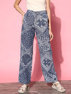 Women Blue Paisley Print Straight Jeans