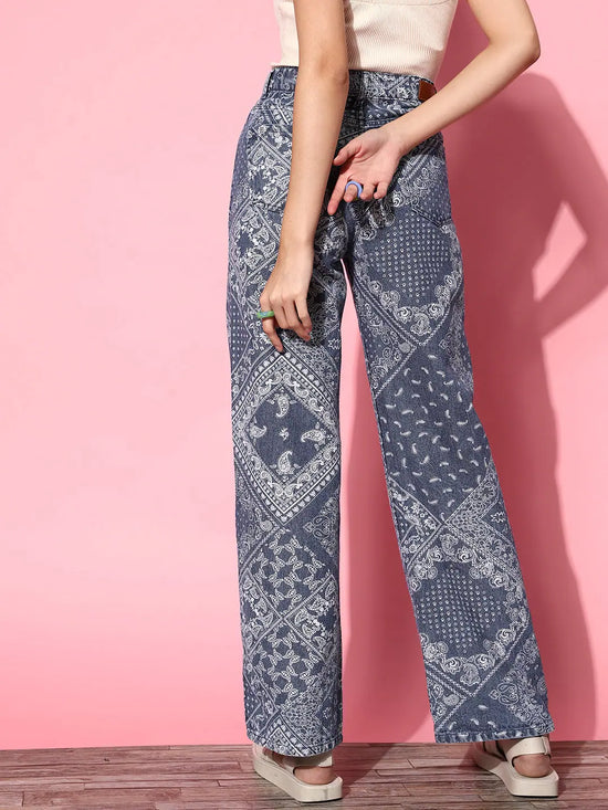 Women Blue Paisley Print Straight Jeans