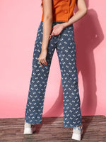 Women Blue Bow Print Straight Jeans