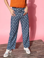 Women Blue Bow Print Straight Jeans