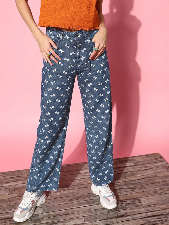 Women Blue Bow Print Straight Jeans