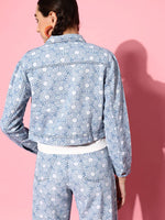 Women Printed Blue Full Sleeve Jacket