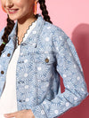 Women Printed Blue Full Sleeve Jacket