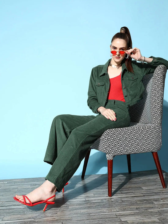 Women Solid Green Full Sleeve Jacket