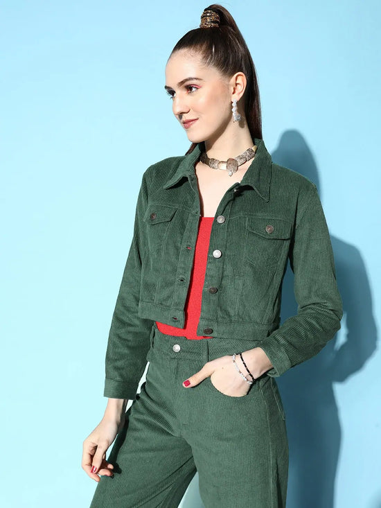 Women Solid Green Full Sleeve Jacket