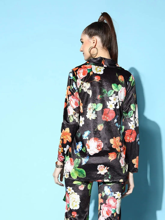 Women Printed Black Full Sleeve Jacket