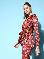 Women Printed Maroon Full Sleeve Jacket