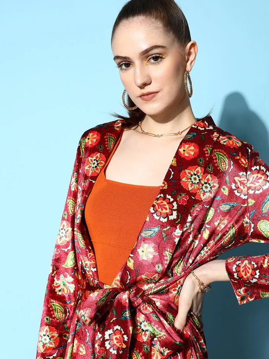 Women Printed Maroon Full Sleeve Jacket