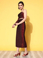 Women Red Lurex Waist Cut-Out One Shoulder Midi Dress