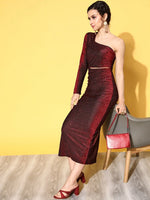 Women Red Lurex Waist Cut-Out One Shoulder Midi Dress