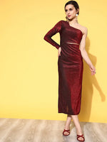 Women Red Lurex Waist Cut-Out One Shoulder Midi Dress