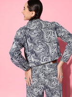 Women Printed Blue Full Sleeve Jacket