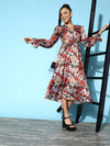 Women Red Satin Floral Side Cut Out Dress