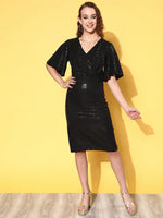 Women Black Sequin Wrap Front Midi Dress